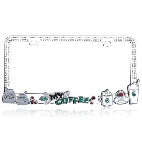 "Coffee Beans" Chrome Metal License Plate Frame with Clear Crystals